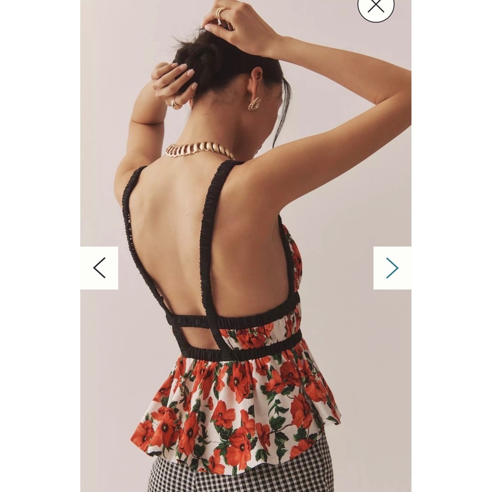 Maeve Anthropologie Ditali Open Back Tank XS Poppy Floral Peplum Cami Top Red